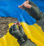 mur flaga niebiesko-żółta ręce nitka 