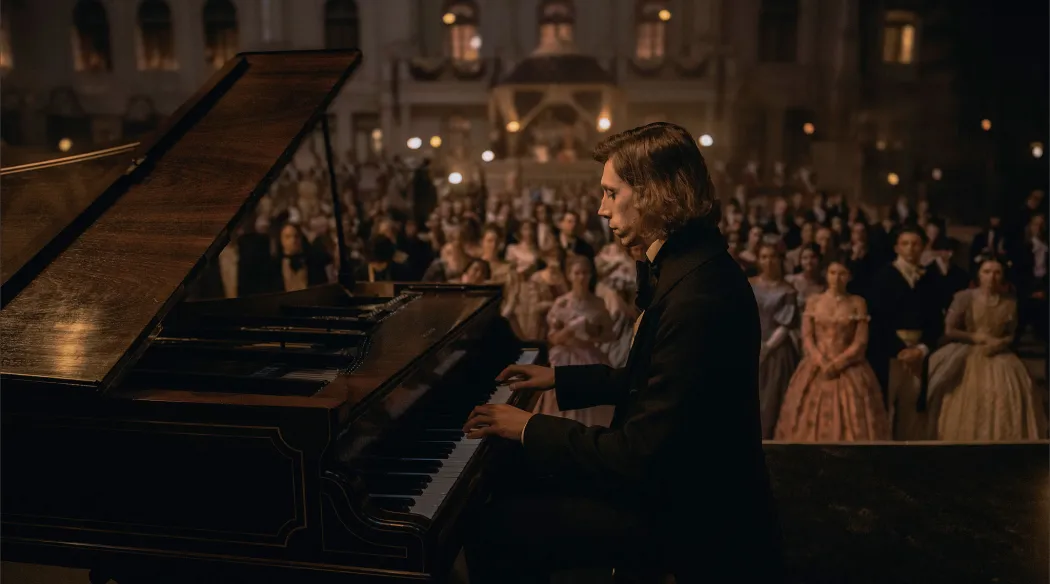 chopin grający na fortepianie przed zgromadzoną publicznością