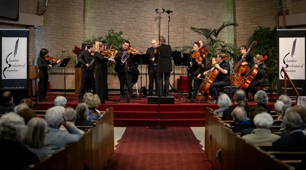 orkiestra muzyków klasycznych podczas koncertu gra na instrumentach
