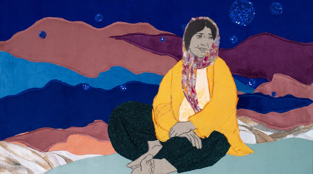 Kovaciskri ćhajori / The Blacksmith’s Daughter, 2025 Textile, acrylic, mixed media on wooden stretcher 95 x 110 cm / 37 3/8 x 43 1/4 in Courtesy the artist, Frith Street Gallery, London, Foksal Gallery Foundation, Warsaw and Karma International, Zurich. Photo: Marcin Tas © Małgorzata Mirga-Tas