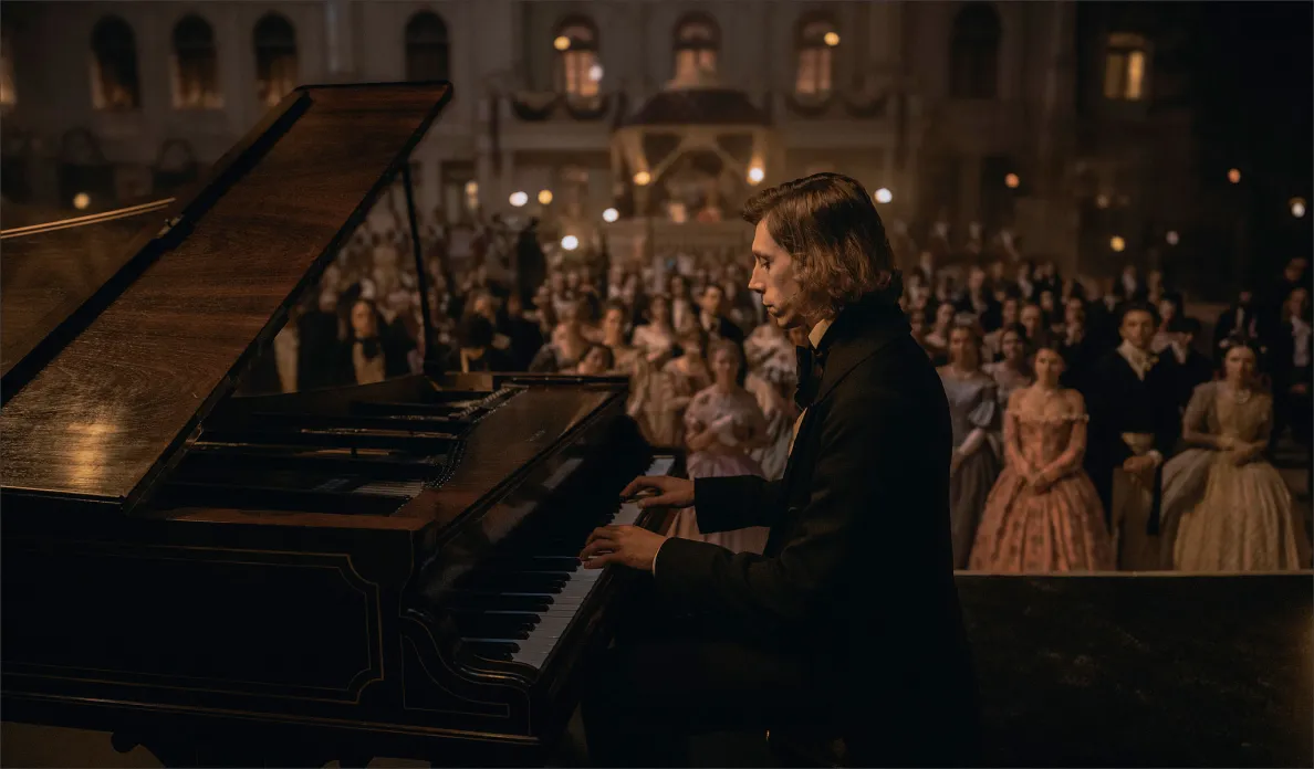 chopin grający na fortepianie przed zgromadzoną publicznością