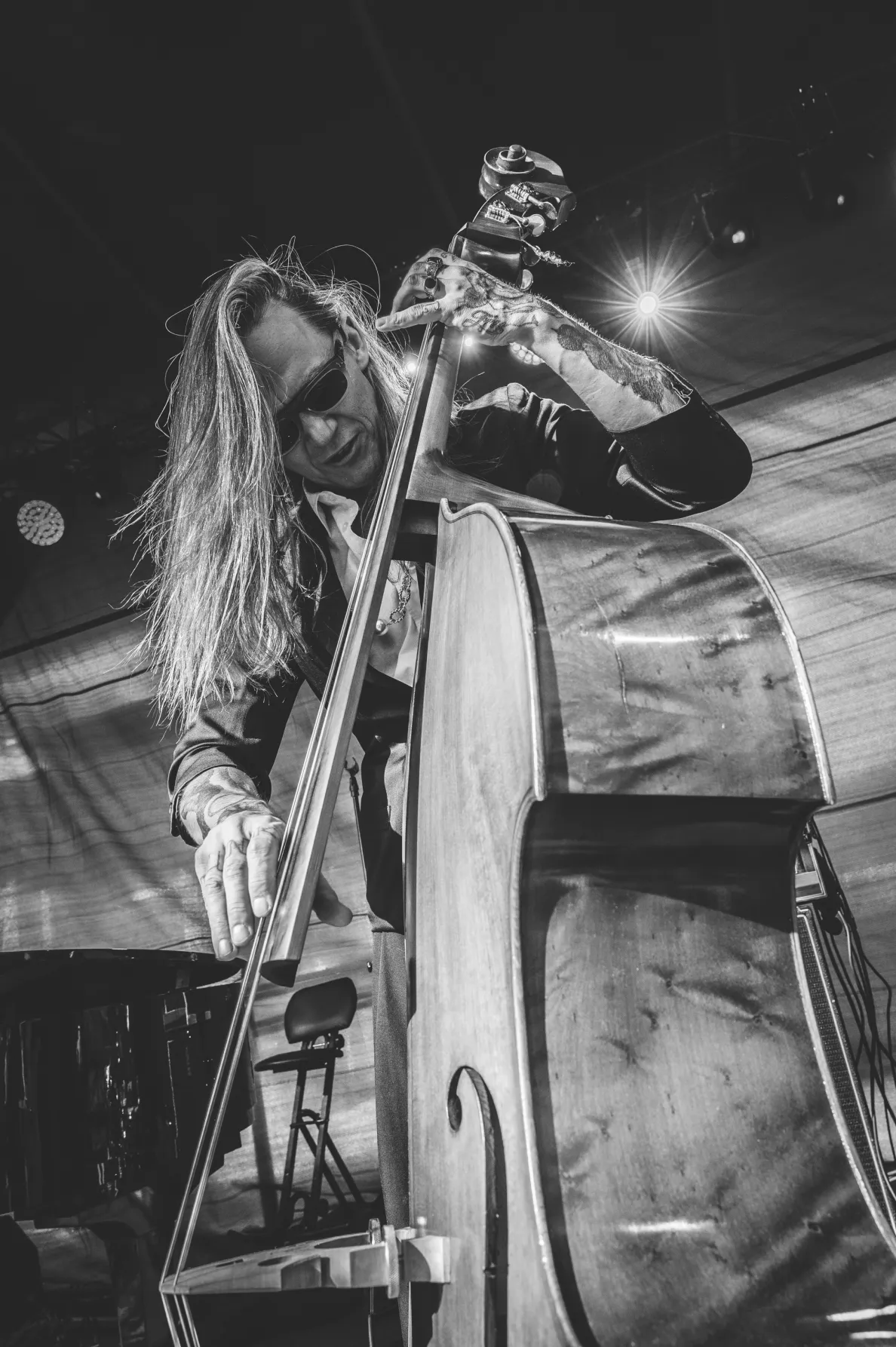 zdjęcie Wojciecha Mazowewskiego grającego w ciemnych okularach na basie