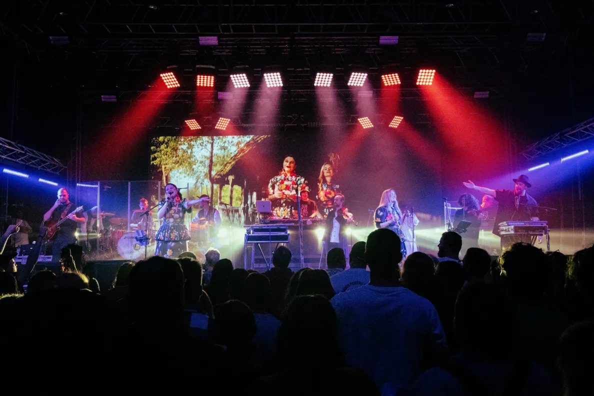 Widok z perspektywy widowni na scenę, na której występują zespoły Dagadana i Subcarpati 