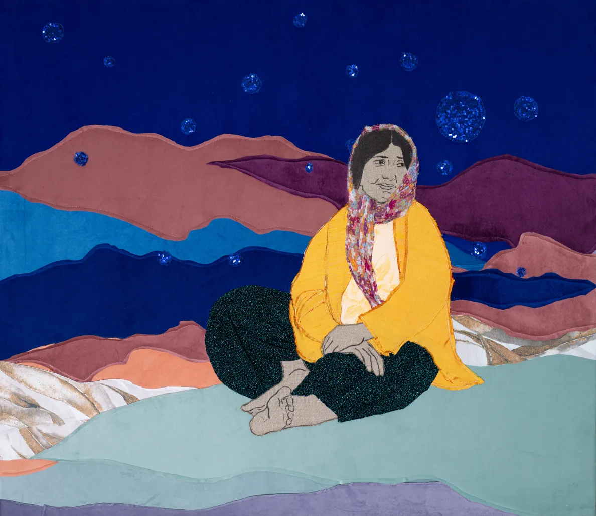 Kovaciskri ćhajori / The Blacksmith’s Daughter, 2025 Textile, acrylic, mixed media on wooden stretcher 95 x 110 cm / 37 3/8 x 43 1/4 in Courtesy the artist, Frith Street Gallery, London, Foksal Gallery Foundation, Warsaw and Karma International, Zurich. Photo: Marcin Tas © Małgorzata Mirga-Tas