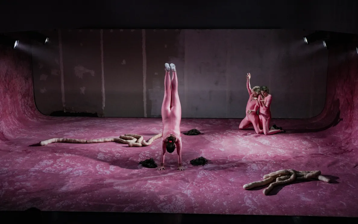 Scena ze spektaklu „Collage – stage of things”. Na różowej, zakrzywionej po bokach podłodze sceny jedna osoba w obcisłym różowym kostiumie stoi na rękach, otoczona kępkami czarnych włosów. Z prawej strony dwie osoby w takich samych kostiumach klęczą obok siebie, jedna unosi rękę. Na podłodze leżą długie, miękkie formy z beżowego materiału.