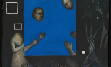 dzieło sztuki z korpusami ludzkimi i niebieskim kwadratem