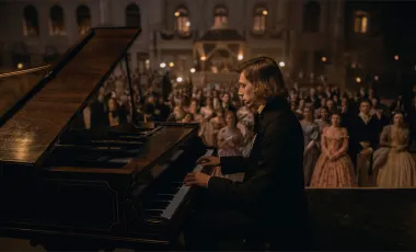 chopin grający na fortepianie przed zgromadzoną publicznością