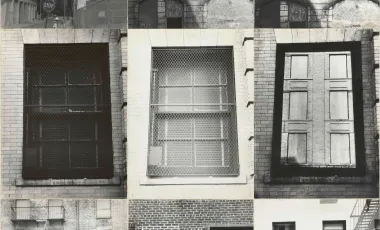 czarno-białe zdjęcia okien w różnych budynkach