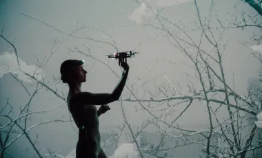 kobieta trzymająca drona na tle dramatycznej scenografii