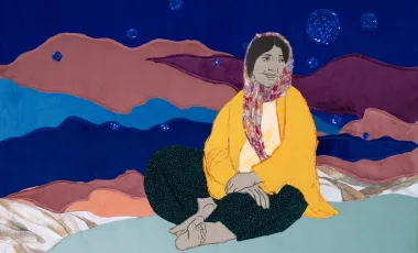 Kovaciskri ćhajori / The Blacksmith’s Daughter, 2025 Textile, acrylic, mixed media on wooden stretcher 95 x 110 cm / 37 3/8 x 43 1/4 in Courtesy the artist, Frith Street Gallery, London, Foksal Gallery Foundation, Warsaw and Karma International, Zurich. Photo: Marcin Tas © Małgorzata Mirga-Tas