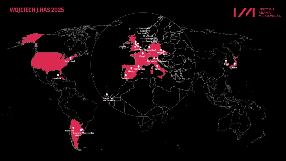 mapa świata z zaznaczonymi miejscami, gdzie będa pokazy filmów Hasa